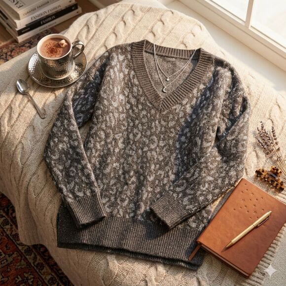 Nine West Sweaters - Nine West Metallic Leopard Print V-Neck Tunic Sweater Gray Silver M EUC